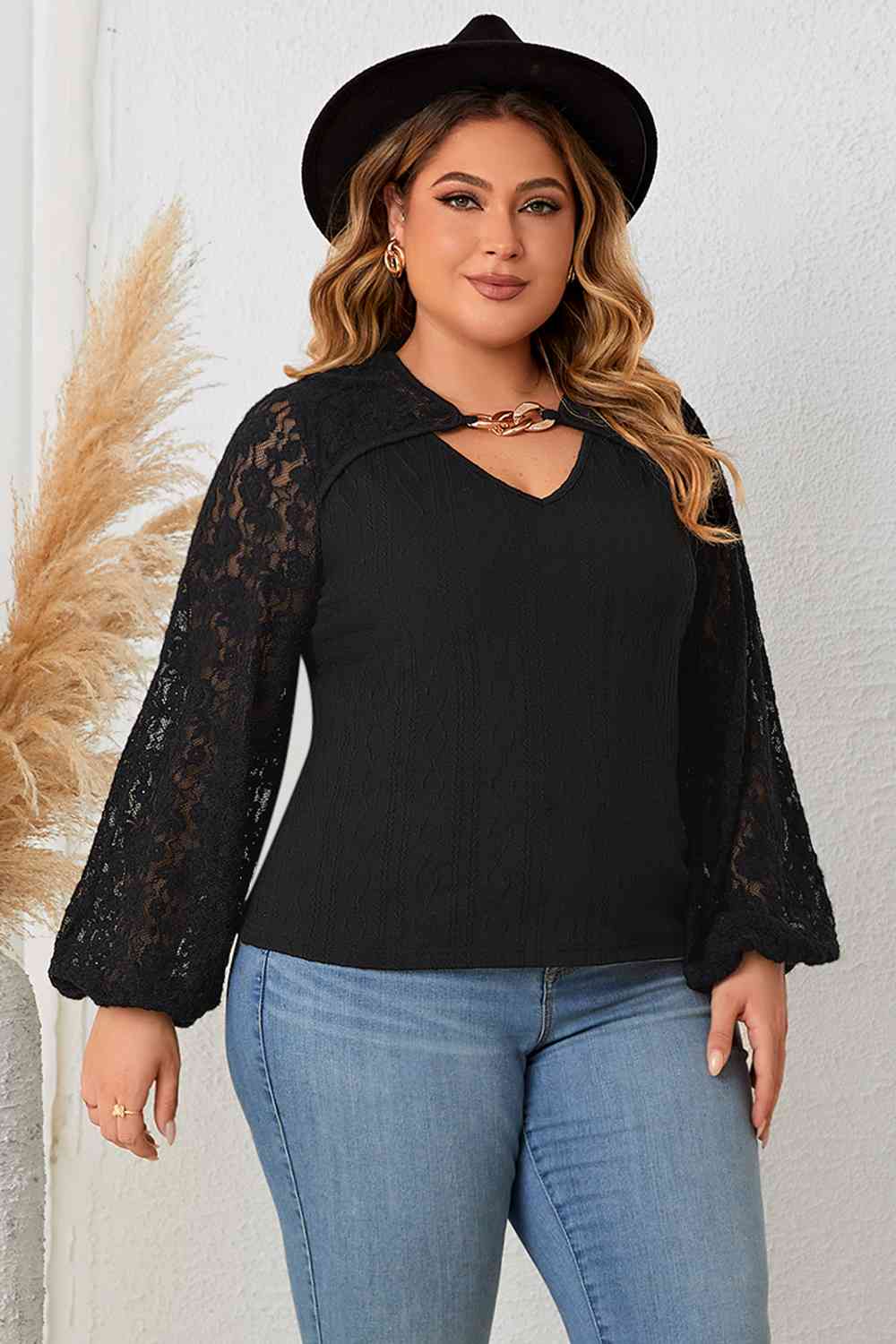 Plus Size Cutout Front Lace Sleeve Blouse - Guy Christopher