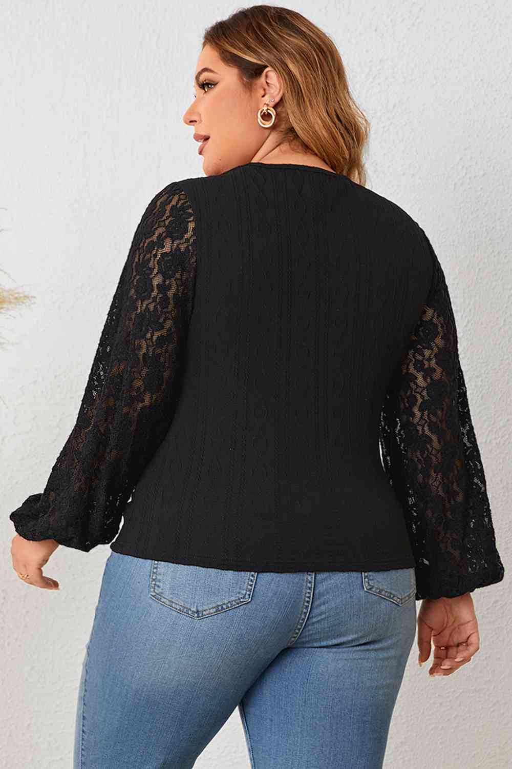 Plus Size Cutout Front Lace Sleeve Blouse - Guy Christopher