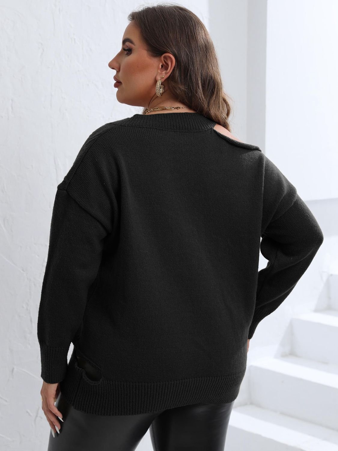 Plus Size Cutout V-Neck Sweater - Guy Christopher