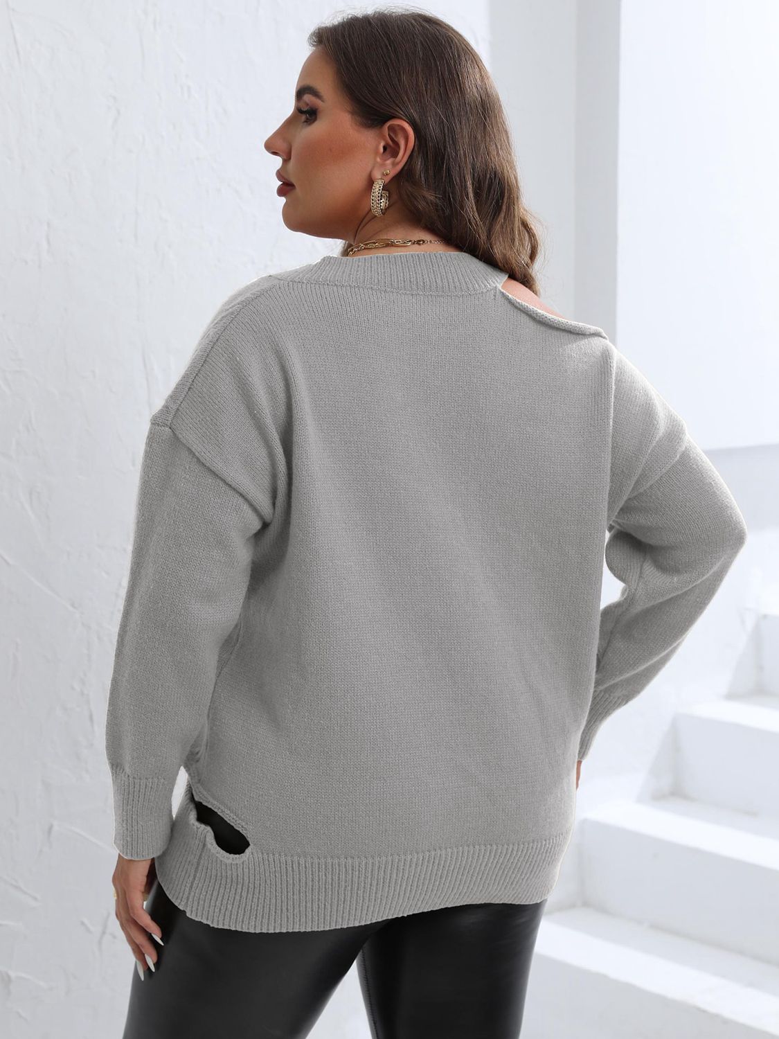 Plus Size Cutout V-Neck Sweater - Guy Christopher