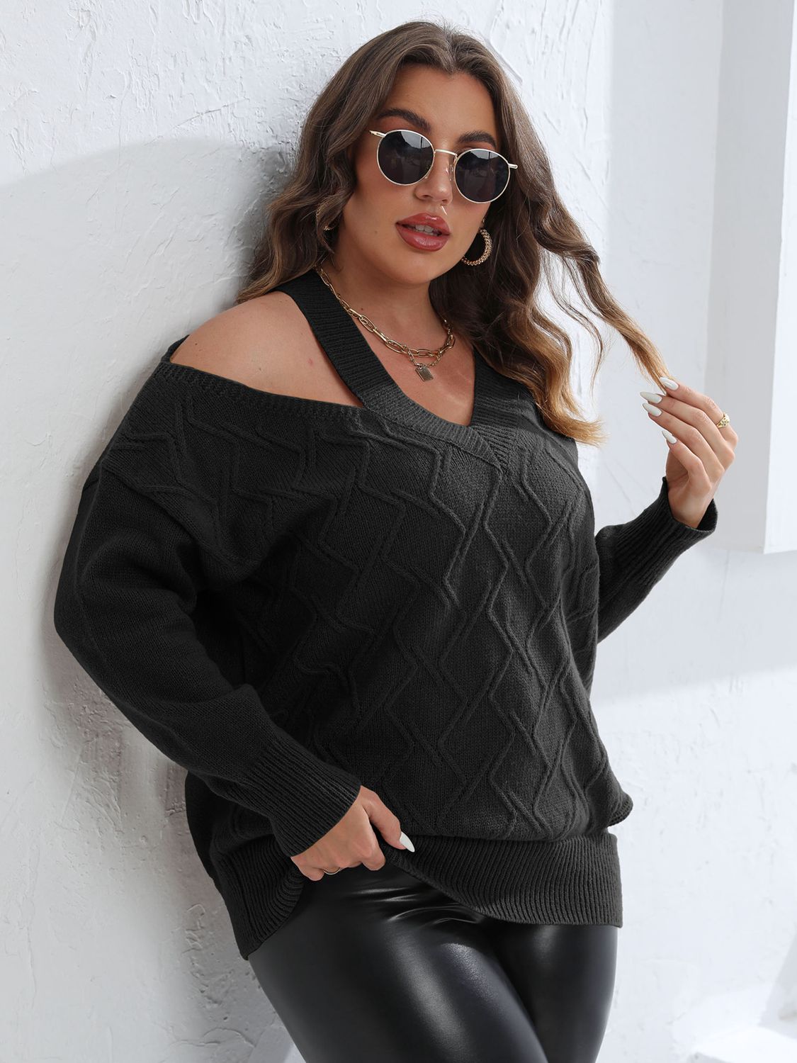 Plus Size Cutout V-Neck Sweater - Guy Christopher