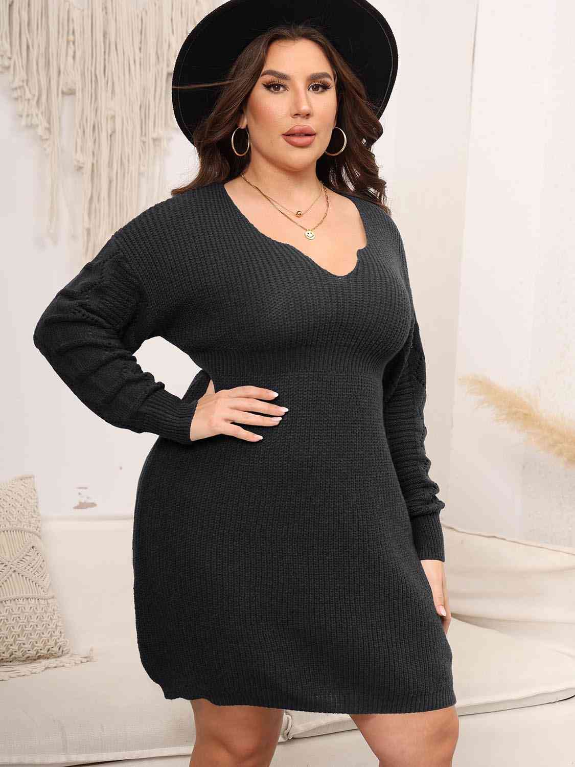 Plus Size Dropped Shoulder Long Sleeve Knit Mini Dress - Guy Christopher