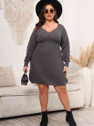 Plus Size Dropped Shoulder Long Sleeve Knit Mini Dress - Guy Christopher