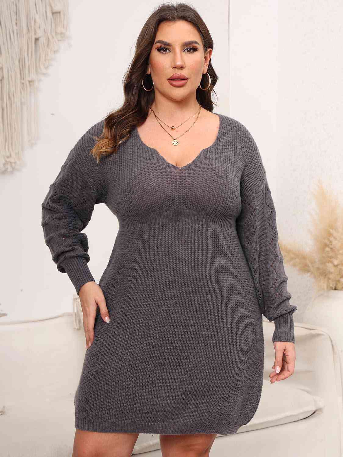 Plus Size Dropped Shoulder Long Sleeve Knit Mini Dress - Guy Christopher