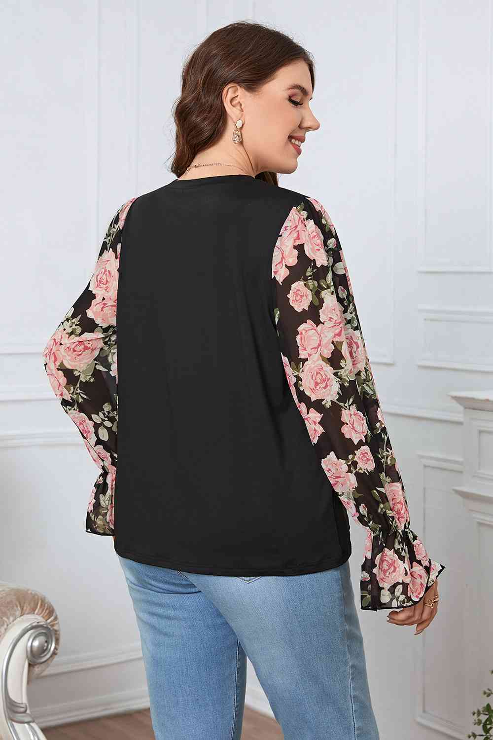 Plus Size Floral Flounce Sleeve Blouse - Guy Christopher