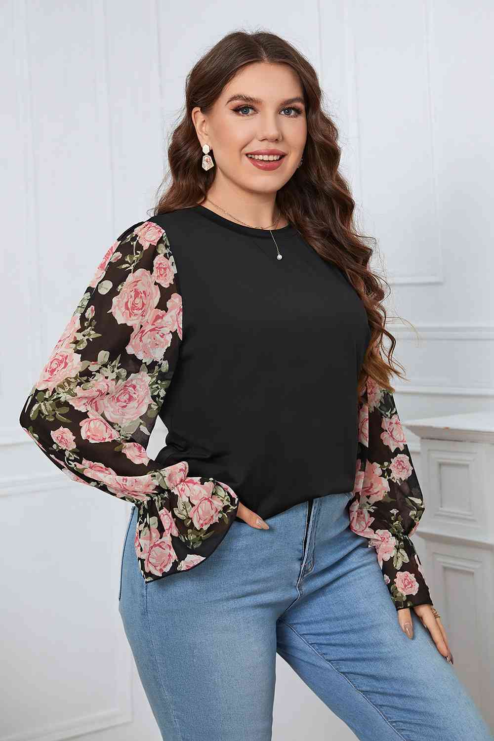 Plus Size Floral Flounce Sleeve Blouse - Guy Christopher