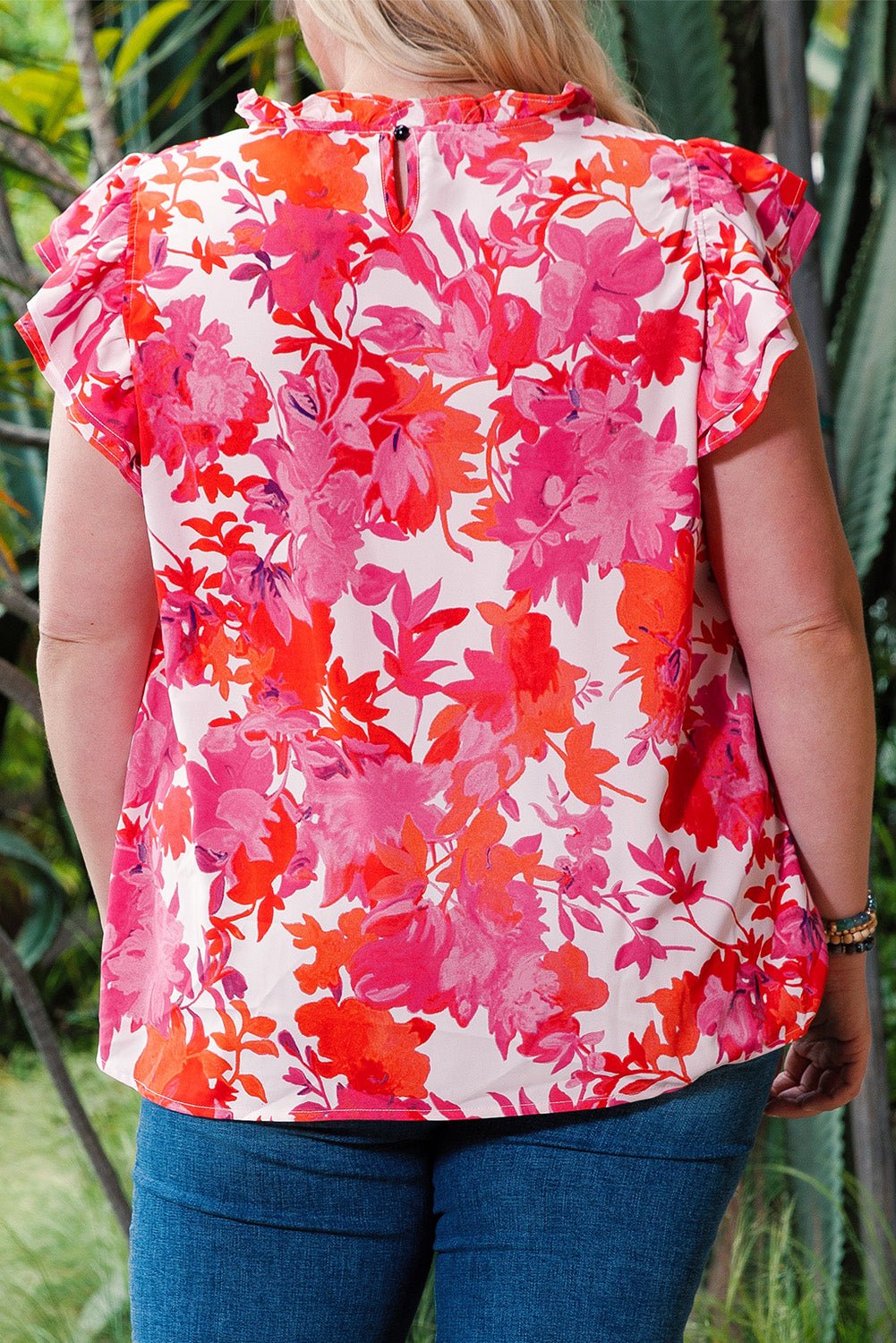 Plus Size Floral Flutter Sleeve Round Neck Blouse - Guy Christopher
