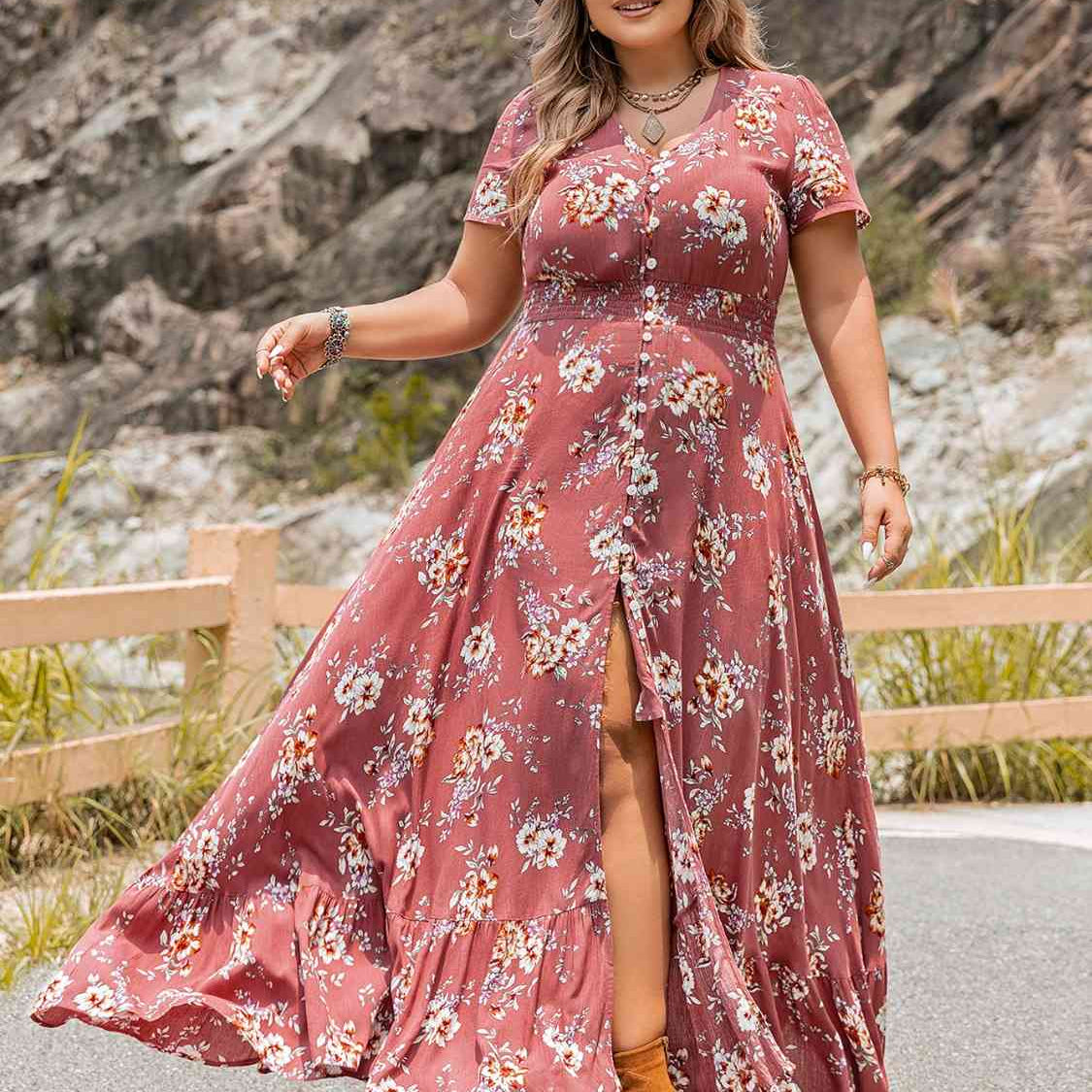 Plus Size Floral Slit Ruffle Hem Dress - Guy Christopher