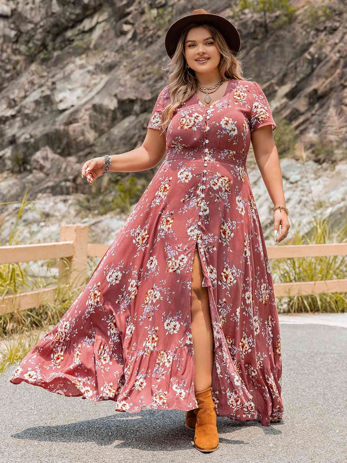 Plus Size Floral Slit Ruffle Hem Dress - Guy Christopher