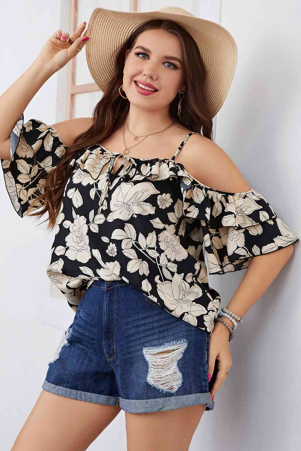 Plus Size Floral Spaghetti Strap Blouse - Guy Christopher