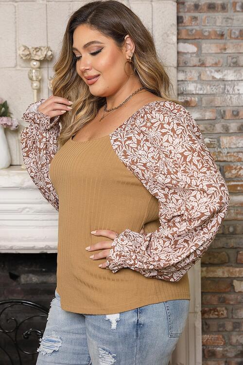 Plus Size Floral Square Neck Flounce Sleeve Blouse - Guy Christopher