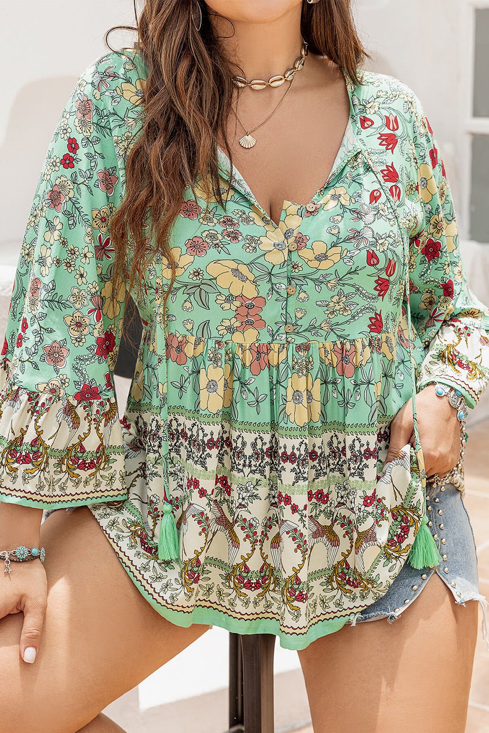 Plus Size Floral Tassel Tie Blouse - Guy Christopher