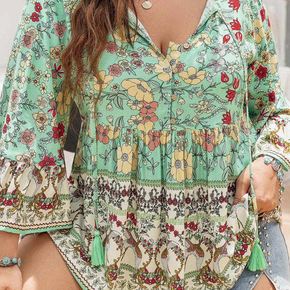 Plus Size Floral Tassel Tie Blouse - Guy Christopher