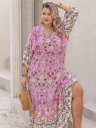 Plus Size Floral V-Neck Balloon Sleeve Midi Dress - Guy Christopher