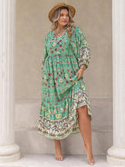 Plus Size Floral V-Neck Balloon Sleeve Midi Dress - Guy Christopher