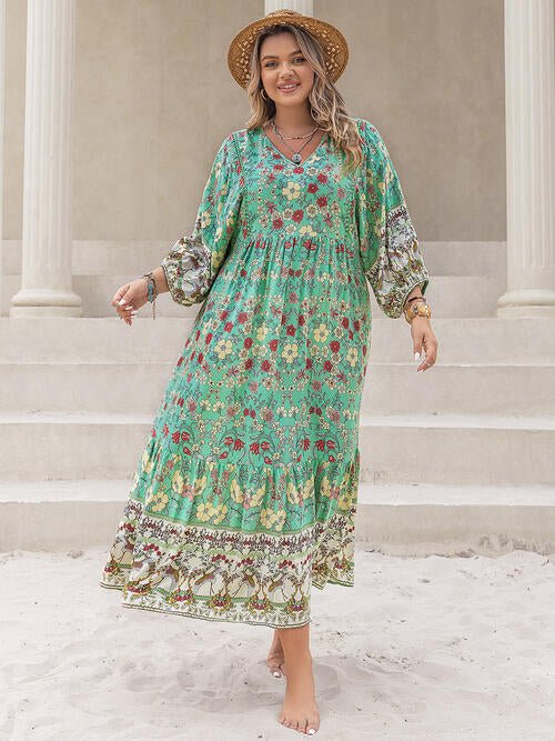 Plus Size Floral V-Neck Balloon Sleeve Midi Dress - Guy Christopher