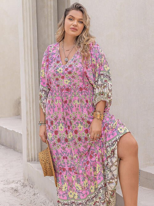 Plus Size Floral V-Neck Balloon Sleeve Midi Dress - Guy Christopher