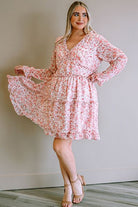 Plus Size Floral V-Neck Frill Long Sleeve Dress - Guy Christopher