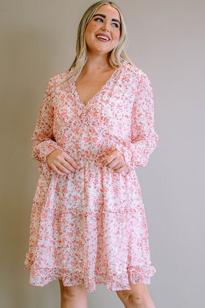 Plus Size Floral V-Neck Frill Long Sleeve Dress - Guy Christopher