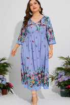 Plus Size Floral V-Neck Three-Quarter Sleeve Midi Dress - Guy Christopher