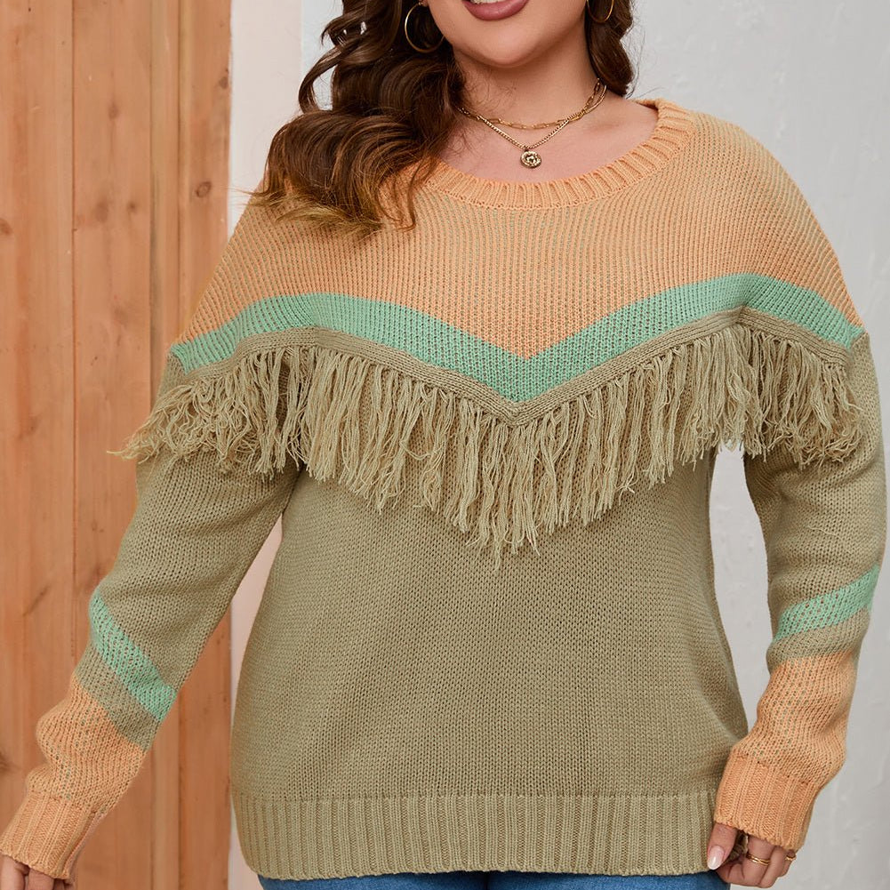 Plus Size Fringe Detail Round Neck Long Sleeve Sweater - Guy Christopher