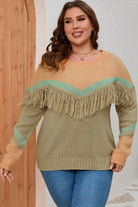 Plus Size Fringe Detail Round Neck Long Sleeve Sweater - Guy Christopher