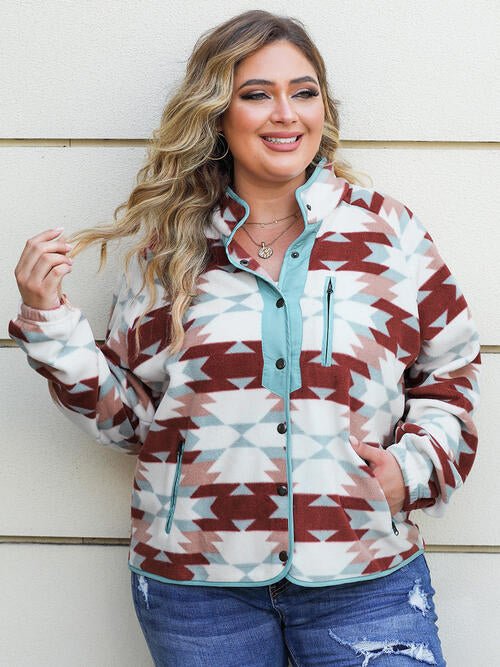 Plus Size Geometric Snap Down Long Sleeve Jacket - Guy Christopher