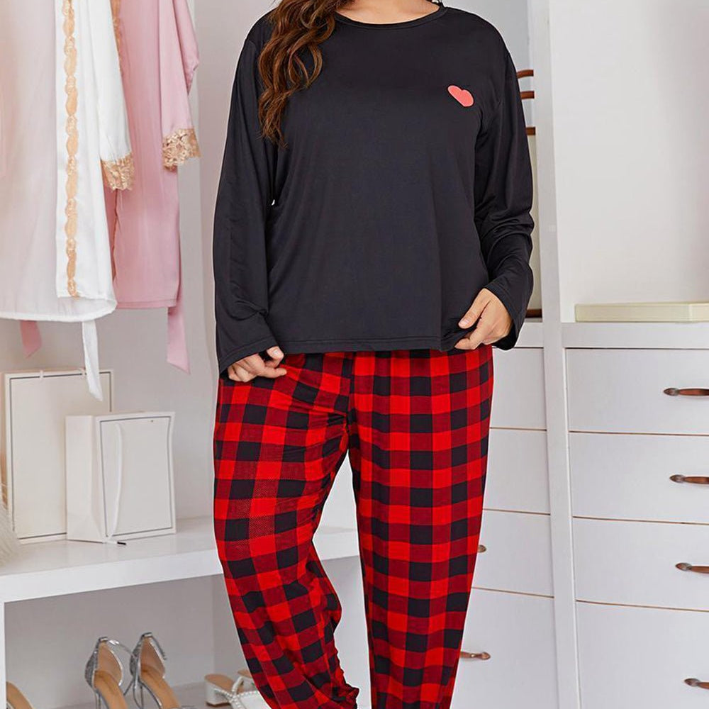 Plus Size Heart Graphic Top and Plaid Joggers Lounge Set - Guy Christopher