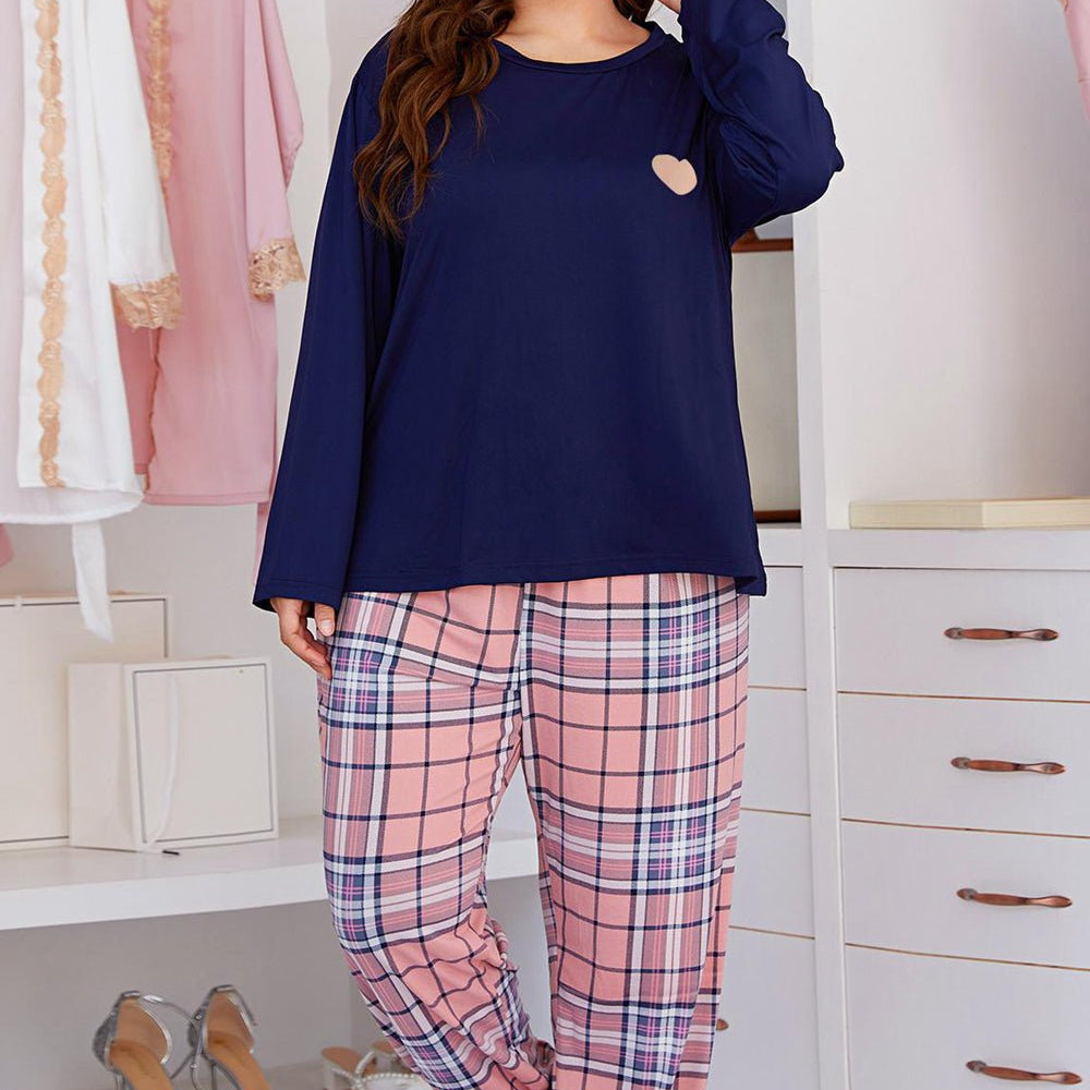 Plus Size Heart Graphic Top and Plaid Joggers Lounge Set - Guy Christopher