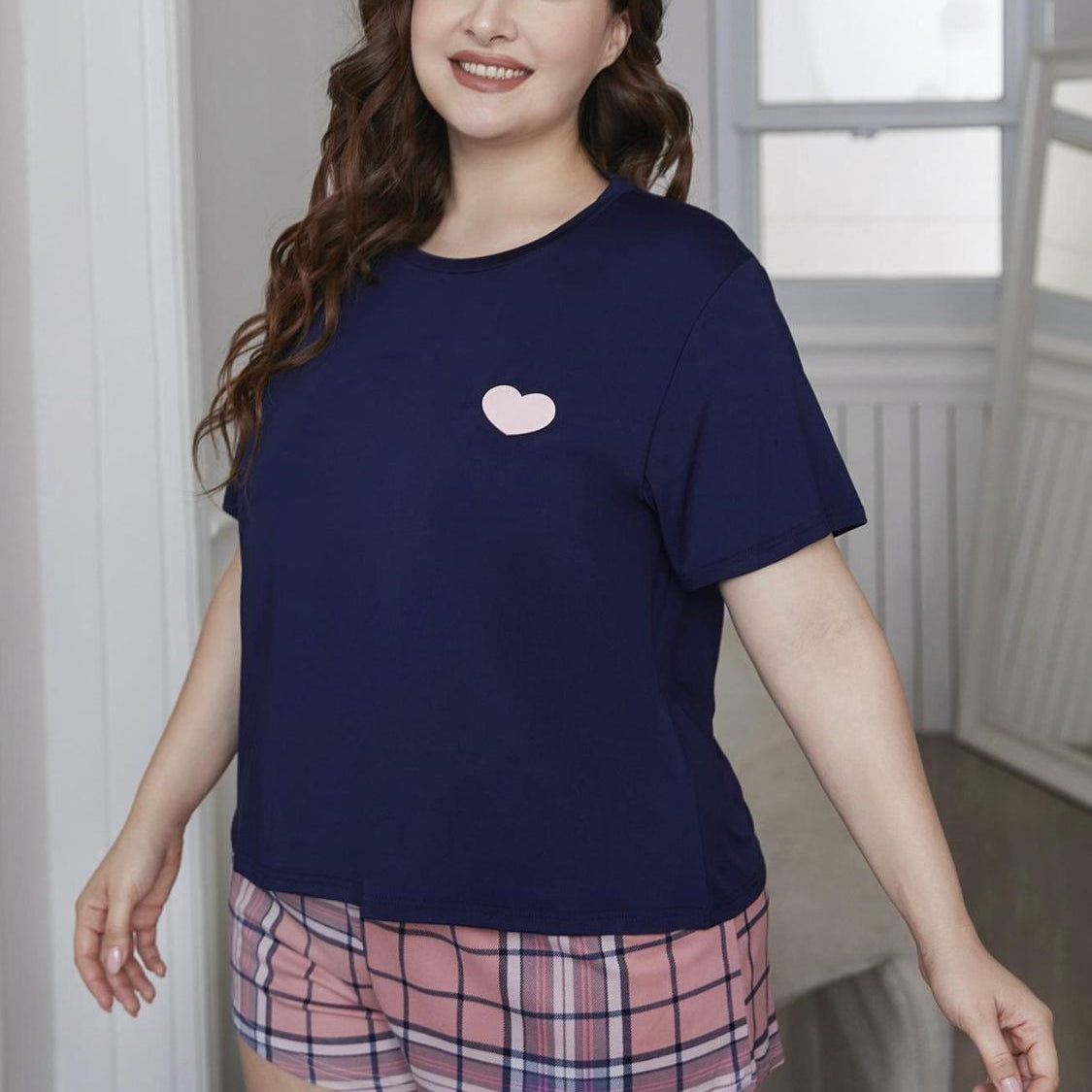 Plus Size Heart Graphic Top and Plaid Shorts Loungewear Set - Guy Christopher