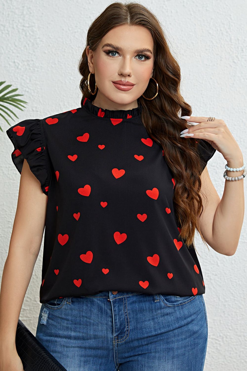 Plus Size Heart Print Butterfly Sleeve Mock Neck Top - Guy Christopher