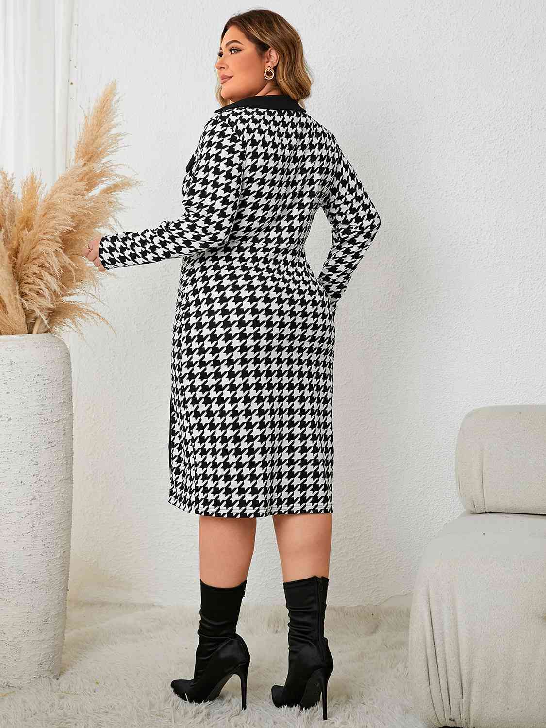 Plus Size Houndstooth Long Sleeve Slit Dress - Guy Christopher