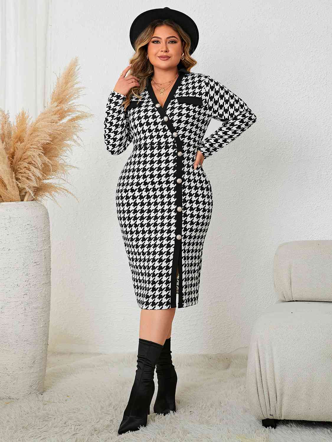 Plus Size Houndstooth Long Sleeve Slit Dress - Guy Christopher