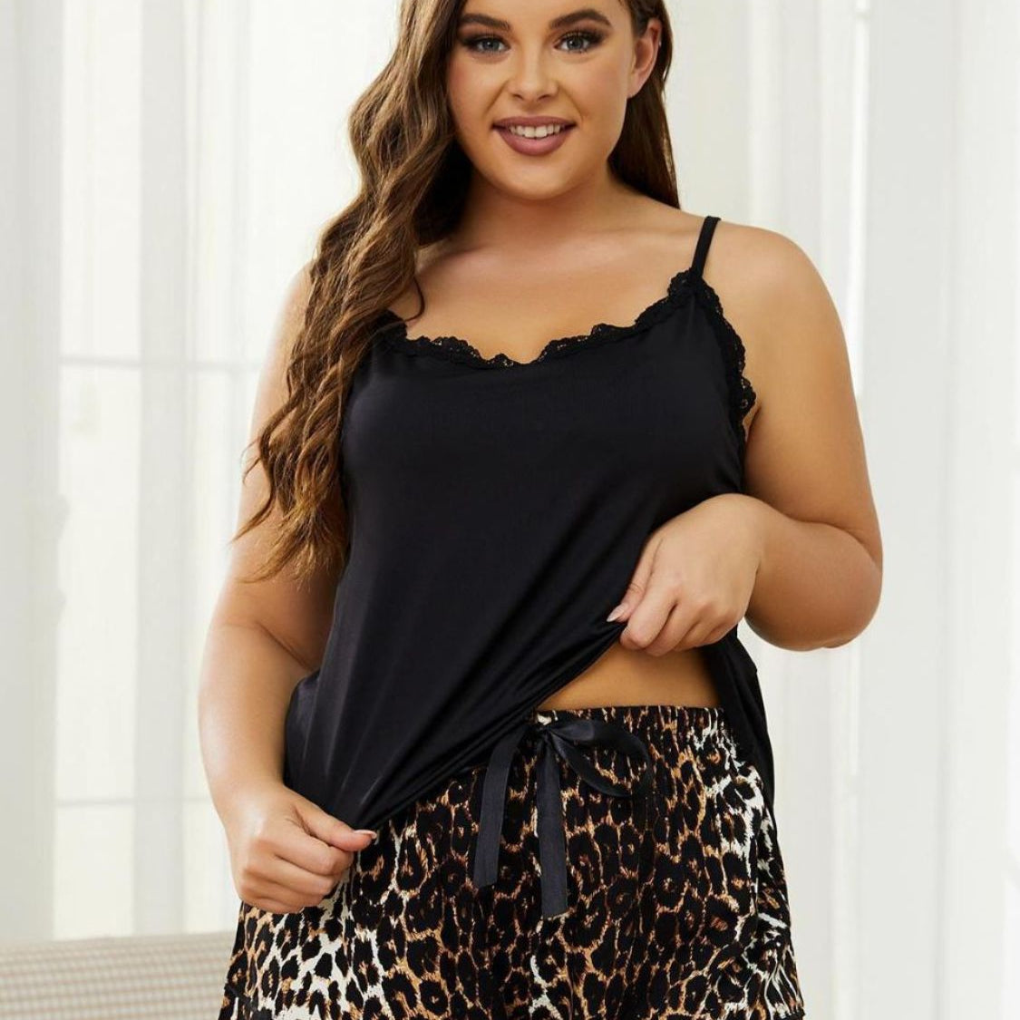 Plus Size Lace Trim Scoop Neck Cami and Printed Shorts Pajama Set - Guy Christopher