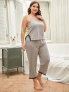 Plus Size Lace Trim Slit Cami and Pants Pajama Set - Guy Christopher