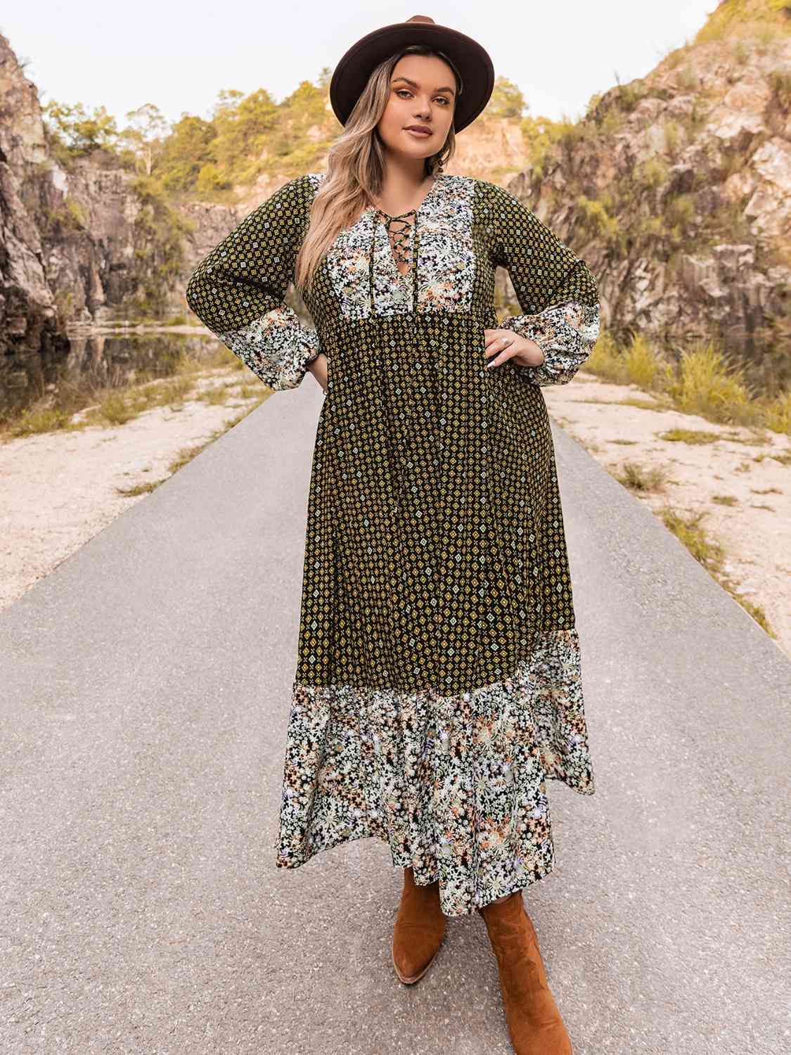 Plus Size Lace-Up Long Sleeve Dress - Guy Christopher