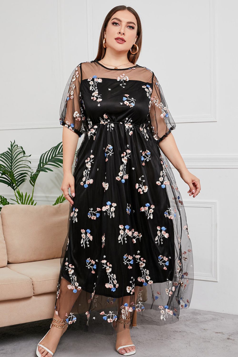 Plus Size Layered Mesh Round Neck Maxi Dress - Guy Christopher