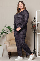 Plus Size Leopard Print V-Neck and Slim Fit Pants Lounge Set - Guy Christopher