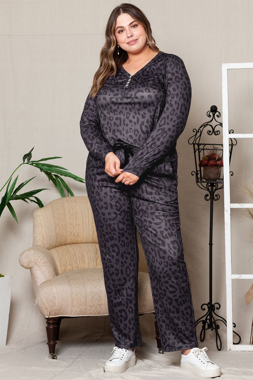 Plus Size Leopard Print V-Neck and Slim Fit Pants Lounge Set - Guy Christopher