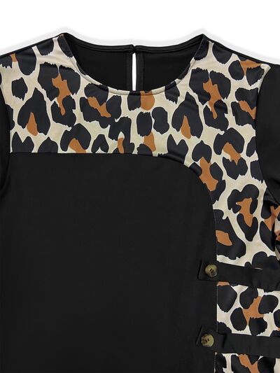 Plus Size Leopard Round Neck Long Sleeve Dress - Guy Christopher