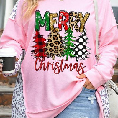 Plus Size MERRY CHRISTMAS Leopard Dropped Shoulder Sweatshirt - Guy Christopher
