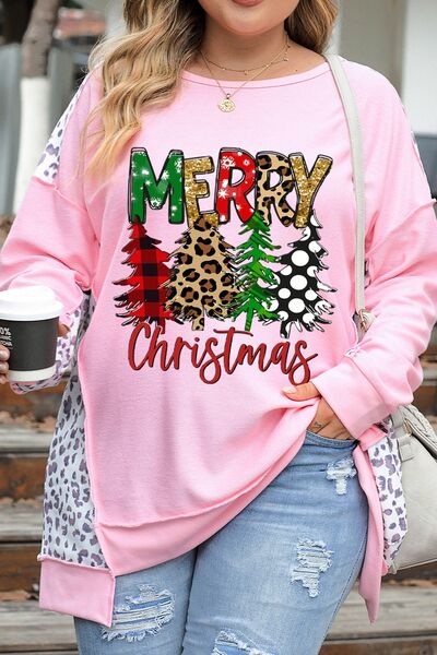 Plus Size MERRY CHRISTMAS Leopard Dropped Shoulder Sweatshirt - Guy Christopher