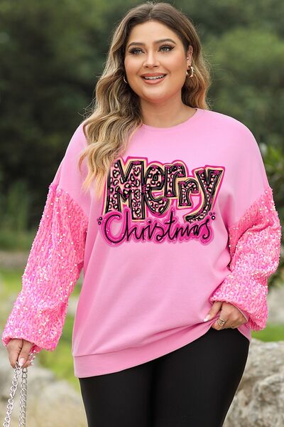 Plus Size MERRY CHRISTMAS Sequin Dropped Shoulder Sweatshirt - Guy Christopher