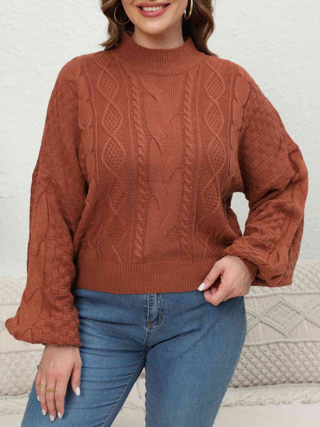 Plus Size Mock Neck Cable Knit Long Sleeve Sweater - Guy Christopher