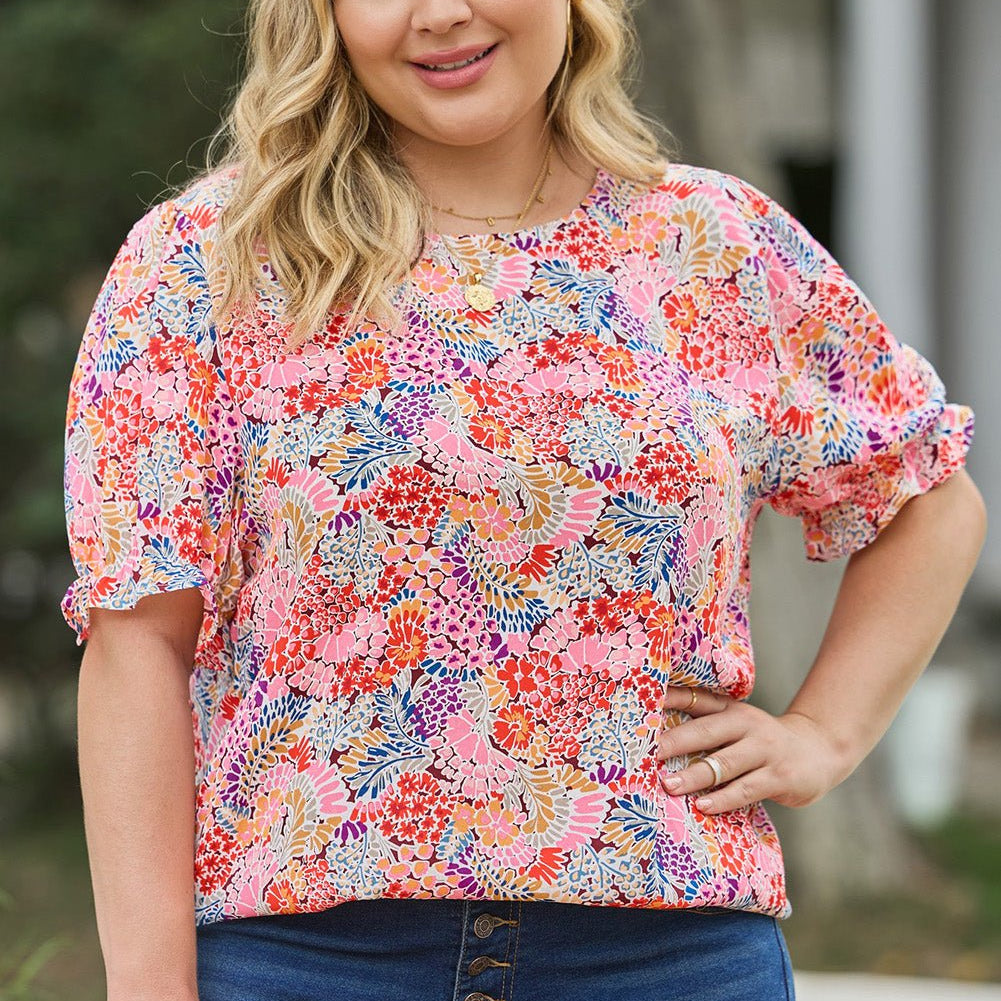 Plus Size Multicolored Round Neck Flounce Sleeve Blouse - Guy Christopher