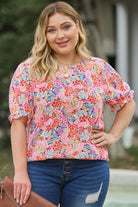 Plus Size Multicolored Round Neck Flounce Sleeve Blouse - Guy Christopher
