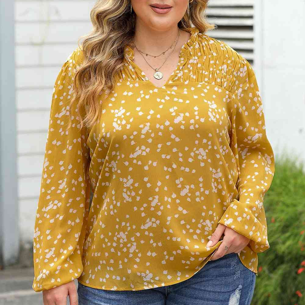 Plus Size Notched Neck Smocked Blouse - Guy Christopher