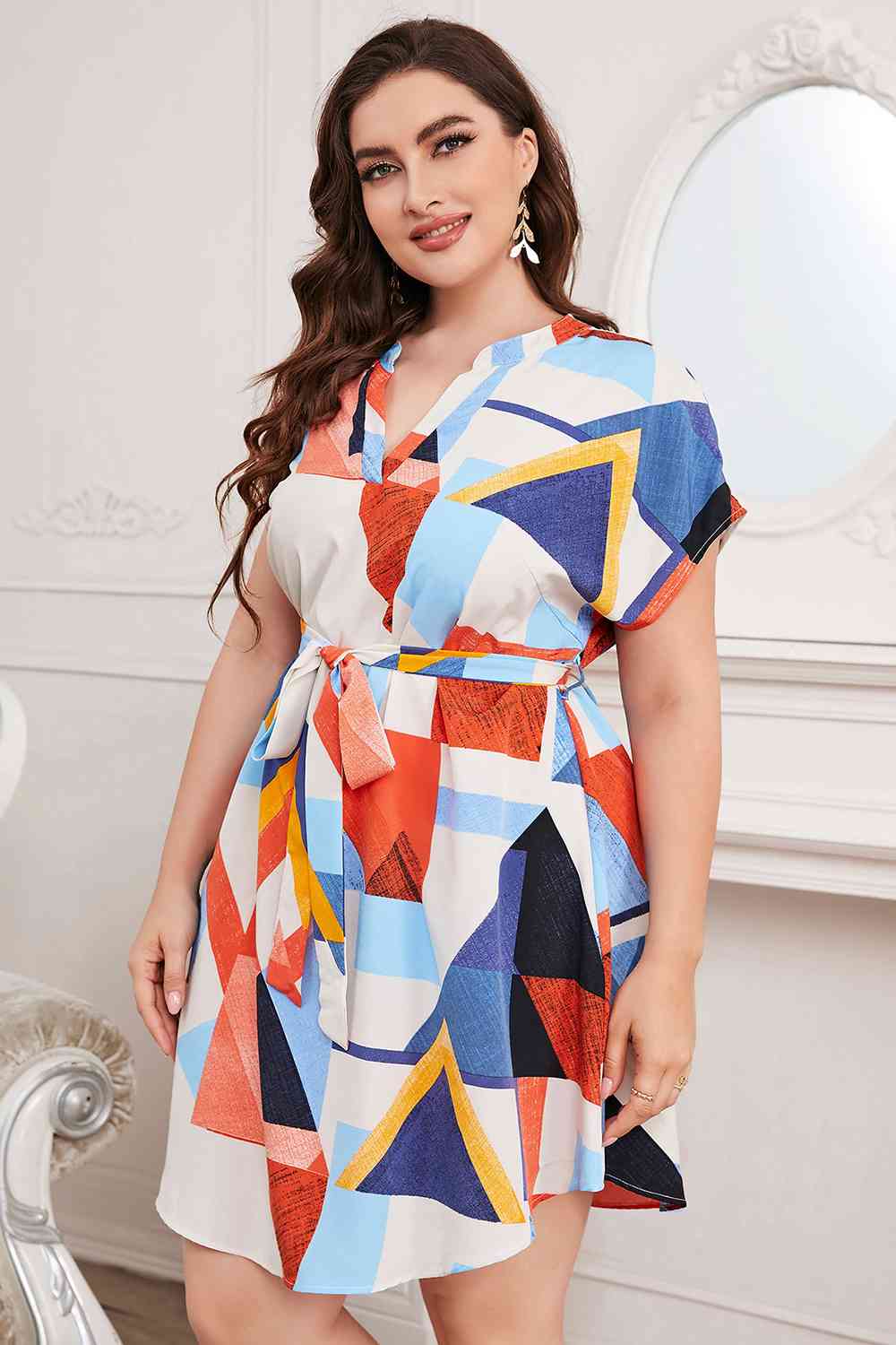 Plus Size Notched Neck Tie Waist Dress - Guy Christopher