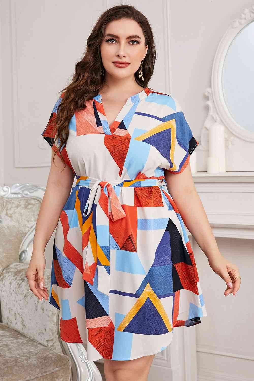 Plus Size Notched Neck Tie Waist Dress - Guy Christopher