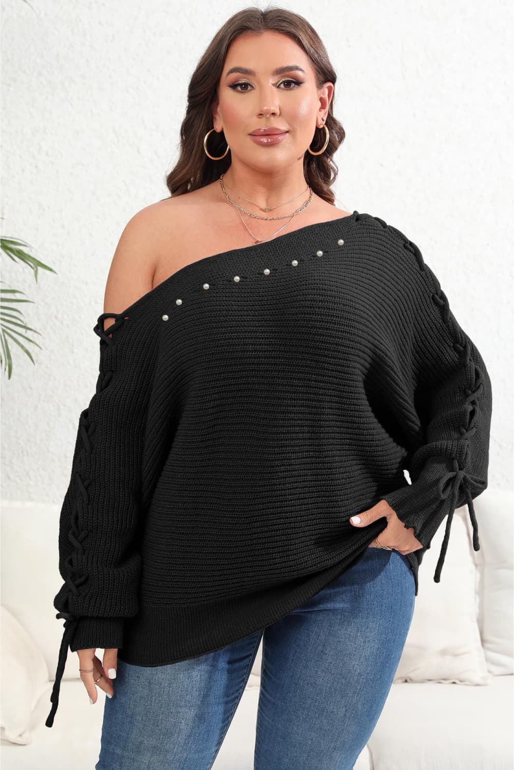 Plus Size One Shoulder Beaded Sweater - Guy Christopher